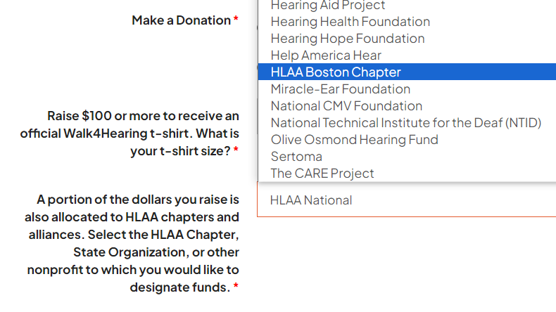 Screenshot of showing the selecting of HLAA Boston from the Drop-down on the Walk4Hearing donation page. 